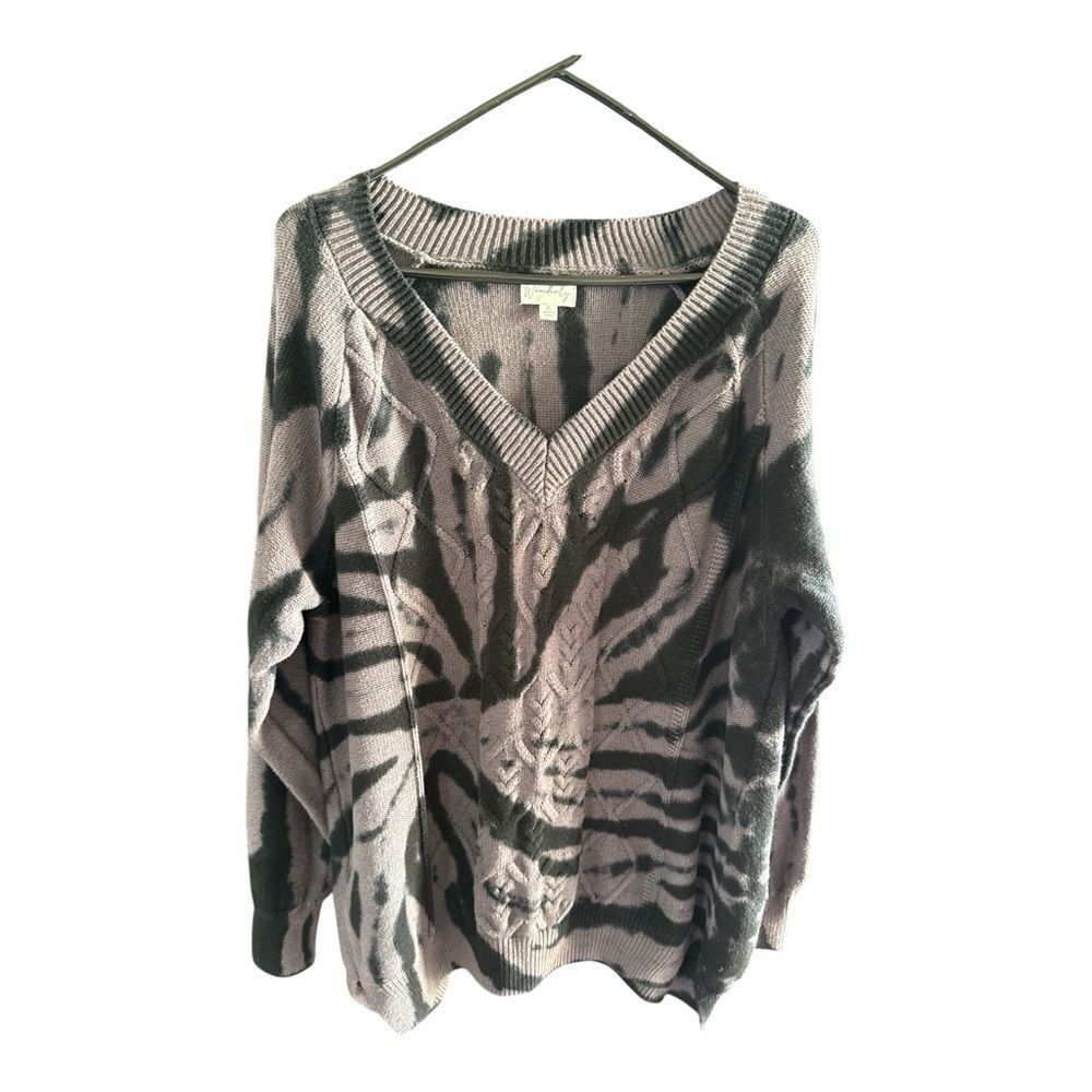 Wonderly Gray and Black Cable Knit V-Neck Zebra Print Sweater XL Y2K Edgy